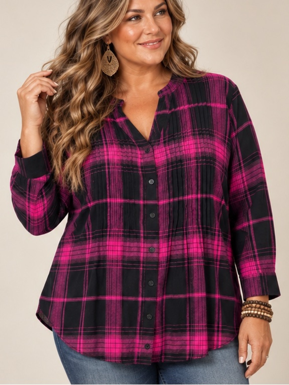 🌸🖤 Woman Within Plaid Button Front Top Size 18/20 Boho Casual 🖤🌸